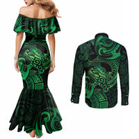 New Zealand Tuatara Couples Matching Mermaid Dress and Long Sleeve Button Shirt Aotearoa Maori Clematis Flowers - Green LT14 - Polynesian Pride