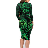 New Zealand Tuatara Family Matching Long Sleeve Bodycon Dress and Hawaiian Shirt Aotearoa Maori Clematis Flowers - Green LT14 - Polynesian Pride