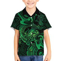 New Zealand Tuatara Family Matching Off Shoulder Maxi Dress and Hawaiian Shirt Aotearoa Maori Clematis Flowers - Green LT14 Son's Shirt Green - Polynesian Pride