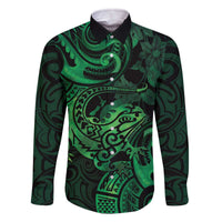 New Zealand Tuatara Family Matching Off Shoulder Short Dress and Hawaiian Shirt Aotearoa Maori Clematis Flowers - Green LT14 Dad's Shirt - Long Sleeve Green - Polynesian Pride
