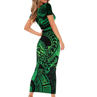 New Zealand Tuatara Short Sleeve Bodycon Dress Aotearoa Maori Clematis Flowers - Green LT14 - Polynesian Pride