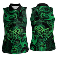 New Zealand Tuatara Women Sleeveless Polo Shirt Aotearoa Maori Clematis Flowers - Green LT14 - Polynesian Pride