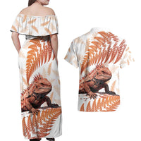 Red New Zealand Tuatara Couples Matching Off Shoulder Maxi Dress and Hawaiian Shirt Aotearoa Sphenodon Punctatus Silver Fern LT14 - Polynesian Pride