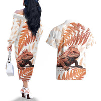 Red New Zealand Tuatara Couples Matching Off The Shoulder Long Sleeve Dress and Hawaiian Shirt Aotearoa Sphenodon Punctatus Silver Fern LT14 - Polynesian Pride