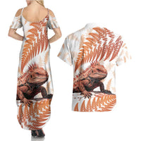 Red New Zealand Tuatara Couples Matching Summer Maxi Dress and Hawaiian Shirt Aotearoa Sphenodon Punctatus Silver Fern LT14 - Polynesian Pride