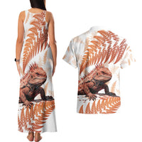 Red New Zealand Tuatara Couples Matching Tank Maxi Dress and Hawaiian Shirt Aotearoa Sphenodon Punctatus Silver Fern LT14 - Polynesian Pride