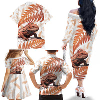 Red New Zealand Tuatara Family Matching Off The Shoulder Long Sleeve Dress and Hawaiian Shirt Aotearoa Sphenodon Punctatus Silver Fern LT14 - Polynesian Pride