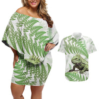 Green New Zealand Tuatara Couples Matching Off Shoulder Short Dress and Hawaiian Shirt Aotearoa Sphenodon Punctatus Silver Fern LT14 Green - Polynesian Pride