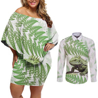 Green New Zealand Tuatara Couples Matching Off Shoulder Short Dress and Long Sleeve Button Shirt Aotearoa Sphenodon Punctatus Silver Fern LT14 Green - Polynesian Pride