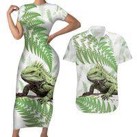 Green New Zealand Tuatara Couples Matching Short Sleeve Bodycon Dress and Hawaiian Shirt Aotearoa Sphenodon Punctatus Silver Fern LT14 Green - Polynesian Pride