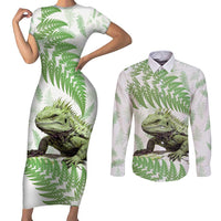 Green New Zealand Tuatara Couples Matching Short Sleeve Bodycon Dress and Long Sleeve Button Shirt Aotearoa Sphenodon Punctatus Silver Fern LT14 Green - Polynesian Pride