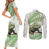 Green New Zealand Tuatara Couples Matching Short Sleeve Bodycon Dress and Long Sleeve Button Shirt Aotearoa Sphenodon Punctatus Silver Fern LT14 - Polynesian Pride