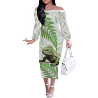 Green New Zealand Tuatara Family Matching Off The Shoulder Long Sleeve Dress and Hawaiian Shirt Aotearoa Sphenodon Punctatus Silver Fern LT14 Mom's Dress Green - Polynesian Pride