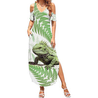 Green New Zealand Tuatara Family Matching Summer Maxi Dress and Hawaiian Shirt Aotearoa Sphenodon Punctatus Silver Fern LT14 Mom's Dress Green - Polynesian Pride