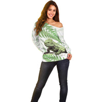Green New Zealand Tuatara Off Shoulder Sweater Aotearoa Sphenodon Punctatus Silver Fern LT14 - Polynesian Pride
