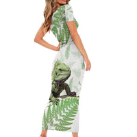 Green New Zealand Tuatara Short Sleeve Bodycon Dress Aotearoa Sphenodon Punctatus Silver Fern LT14 - Polynesian Pride