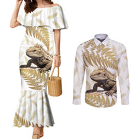 Gold New Zealand Tuatara Couples Matching Mermaid Dress and Long Sleeve Button Shirt Aotearoa Sphenodon Punctatus Silver Fern LT14 Gold - Polynesian Pride