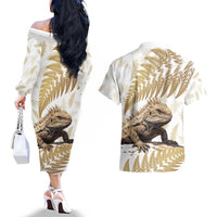 Gold New Zealand Tuatara Couples Matching Off The Shoulder Long Sleeve Dress and Hawaiian Shirt Aotearoa Sphenodon Punctatus Silver Fern LT14 - Polynesian Pride