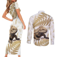 Gold New Zealand Tuatara Couples Matching Short Sleeve Bodycon Dress and Long Sleeve Button Shirt Aotearoa Sphenodon Punctatus Silver Fern LT14 - Polynesian Pride