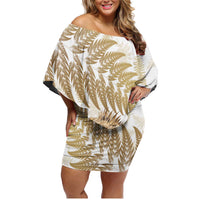Gold New Zealand Tuatara Family Matching Off Shoulder Short Dress and Hawaiian Shirt Aotearoa Sphenodon Punctatus Silver Fern LT14 Mom's Dress Gold - Polynesian Pride