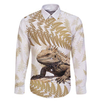 Gold New Zealand Tuatara Family Matching Puletasi and Hawaiian Shirt Aotearoa Sphenodon Punctatus Silver Fern LT14 Dad's Shirt - Long Sleeve Gold - Polynesian Pride