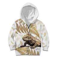 Gold New Zealand Tuatara Kid Hoodie Aotearoa Sphenodon Punctatus Silver Fern LT14 Zip Hoodie Gold - Polynesian Pride