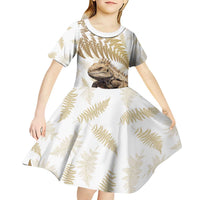 Gold New Zealand Tuatara Kid Short Sleeve Dress Aotearoa Sphenodon Punctatus Silver Fern LT14 - Polynesian Pride