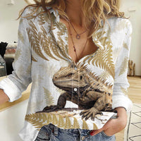 Gold New Zealand Tuatara Women Casual Shirt Aotearoa Sphenodon Punctatus Silver Fern LT14 Female Gold - Polynesian Pride