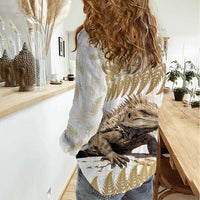 Gold New Zealand Tuatara Women Casual Shirt Aotearoa Sphenodon Punctatus Silver Fern LT14 - Polynesian Pride