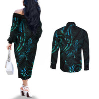 New Zealand Skink Couples Matching Off The Shoulder Long Sleeve Dress and Long Sleeve Button Shirt Aotearoa Maori Mix Paua Shell LT14 - Polynesian Pride