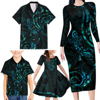 New Zealand Skink Family Matching Long Sleeve Bodycon Dress and Hawaiian Shirt - Aotearoa Maori Mix Paua Shell LT14 - Polynesian Pride