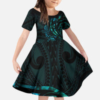 New Zealand Skink Family Matching Off The Shoulder Long Sleeve Dress and Hawaiian Shirt Aotearoa Maori Mix Paua Shell LT14 Daughter's Dress Blue - Polynesian Pride