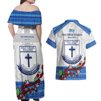 Fiji Holy Cross College Couples Matching Off Shoulder Maxi Dress and Hawaiian Shirt Happy 50th Anniversary Fijian Tagimoucia Tapa Pattern LT14 - Polynesian Pride