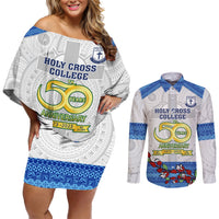 Fiji Holy Cross College Couples Matching Off Shoulder Short Dress and Long Sleeve Button Shirts Happy 50th Anniversary Fijian Tagimoucia Tapa Pattern LT14 White - Polynesian Pride