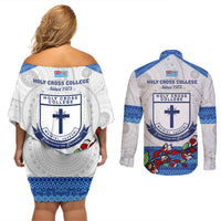 Fiji Holy Cross College Couples Matching Off Shoulder Short Dress and Long Sleeve Button Shirts Happy 50th Anniversary Fijian Tagimoucia Tapa Pattern LT14 - Polynesian Pride