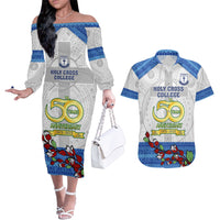 Fiji Holy Cross College Couples Matching Off The Shoulder Long Sleeve Dress and Hawaiian Shirt Happy 50th Anniversary Fijian Tagimoucia Tapa Pattern LT14 White - Polynesian Pride