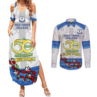 Fiji Holy Cross College Couples Matching Summer Maxi Dress and Long Sleeve Button Shirts Happy 50th Anniversary Fijian Tagimoucia Tapa Pattern LT14 White - Polynesian Pride