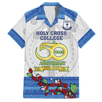 Personalised Fiji Holy Cross College Family Matching Off Shoulder Short Dress and Hawaiian Shirt Happy 50th Anniversary Fijian Tagimoucia Tapa Pattern LT14 Dad's Shirt - Short Sleeve White - Polynesian Pride