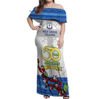 Personalised Fiji Holy Cross College Off Shoulder Maxi Dress Happy 50th Anniversary Fijian Tagimoucia Tapa Pattern LT14 Women White - Polynesian Pride