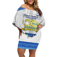 Personalised Fiji Holy Cross College Off Shoulder Short Dress Happy 50th Anniversary Fijian Tagimoucia Tapa Pattern LT14 Women White - Polynesian Pride