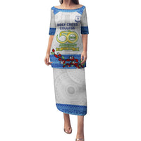 Personalised Fiji Holy Cross College Puletasi Happy 50th Anniversary Fijian Tagimoucia Tapa Pattern LT14 Long Dress White - Polynesian Pride