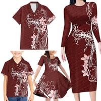 Oxblood Hawaii Family Matching Long Sleeve Bodycon Dress and Hawaiian Shirt Hammerhead Shark Tattoo Curve Polynesian LT14 - Polynesian Pride