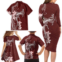Oxblood Hawaii Family Matching Long Sleeve Bodycon Dress and Hawaiian Shirt Hammerhead Shark Tattoo Curve Polynesian LT14 - Polynesian Pride