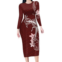 Oxblood Hawaii Family Matching Long Sleeve Bodycon Dress and Hawaiian Shirt Hammerhead Shark Tattoo Curve Polynesian LT14 Mom's Dress Oxblood - Polynesian Pride