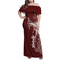 Oxblood Hawaii Family Matching Off Shoulder Maxi Dress and Hawaiian Shirt Hammerhead Shark Tattoo Curve Polynesian LT14 Mom's Dress Oxblood - Polynesian Pride