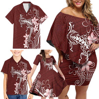 Oxblood Hawaii Family Matching Off Shoulder Short Dress and Hawaiian Shirt Hammerhead Shark Tattoo Curve Polynesian LT14 - Polynesian Pride