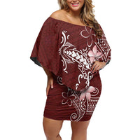 Oxblood Hawaii Family Matching Off Shoulder Short Dress and Hawaiian Shirt Hammerhead Shark Tattoo Curve Polynesian LT14 Mom's Dress Oxblood - Polynesian Pride