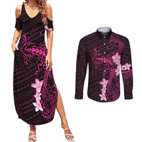 Pink Hawaii Couples Matching Summer Maxi Dress and Long Sleeve Button Shirt Hammerhead Shark Tattoo Curve Polynesian LT14 Pink - Polynesian Pride