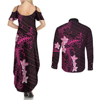 Pink Hawaii Couples Matching Summer Maxi Dress and Long Sleeve Button Shirt Hammerhead Shark Tattoo Curve Polynesian LT14 - Polynesian Pride