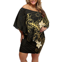 Black and Gold Hawaii Family Matching Off Shoulder Short Dress and Hawaiian Shirt Hammerhead Shark Tattoo Curve Polynesian LT14 Mom's Dress Black - Polynesian Pride